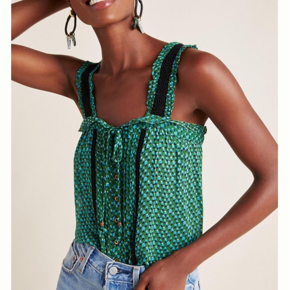 Anthropologie Women’s Green Navy Tank Ruffle Strap Printed size 2 Camisole Boho - Picture 2 of 16